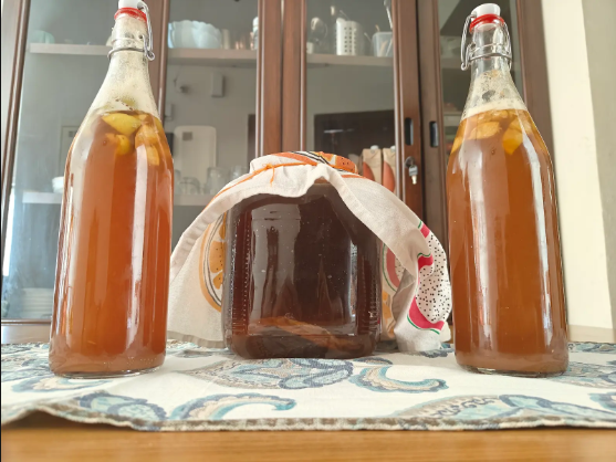 Glass bottles of Grounded Soma Kombucha presented in bright natural light